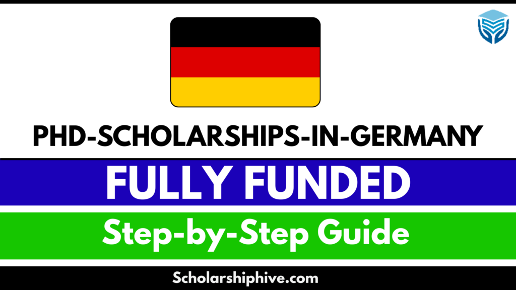 Step-by-step guide poster for Pakistani students applying for fully funded PhD scholarships in Germany, featuring DAAD scholarship details, no tuition fee benefits, structured and individual PhD formats, and tips for increasing acceptance chances through strong academic records and research proposals.