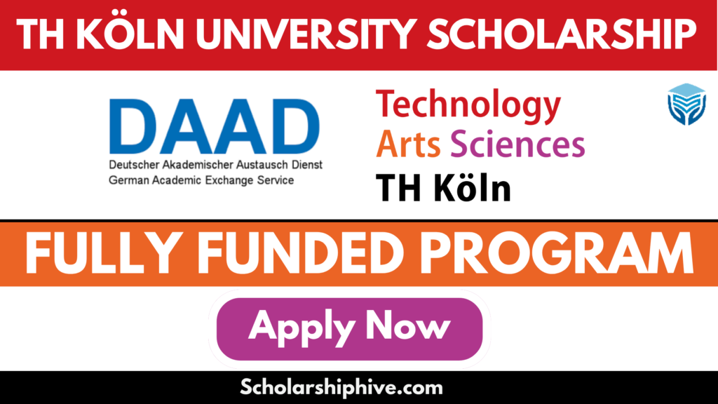 TH Köln University Scholarship 2025 poster – fully funded bachelor’s and master’s programs in Spatial Development and Infrastructure Systems for international students. Includes strong industry connections, vibrant campus life in Cologne, and full financial support. Eligibility: 2+ years' work experience, MOI-approved documents, full-time enrollment, and extracurricular engagement.