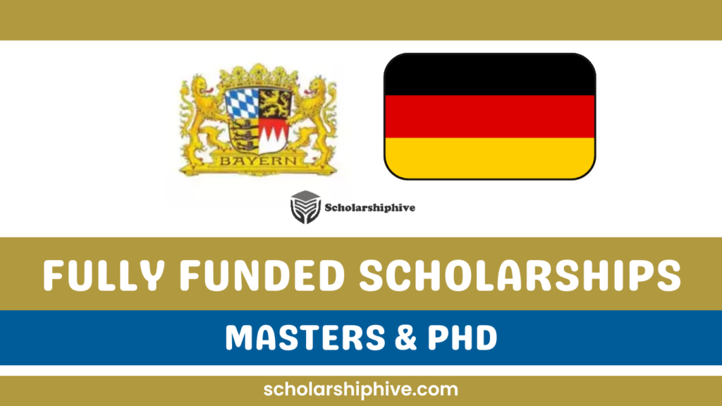 Step-by-step guide poster for Bayern International Scholarships in Germany for international Master’s and PhD students, offering full tuition coverage, monthly stipends, travel reimbursement, and health insurance at Bavarian universities.