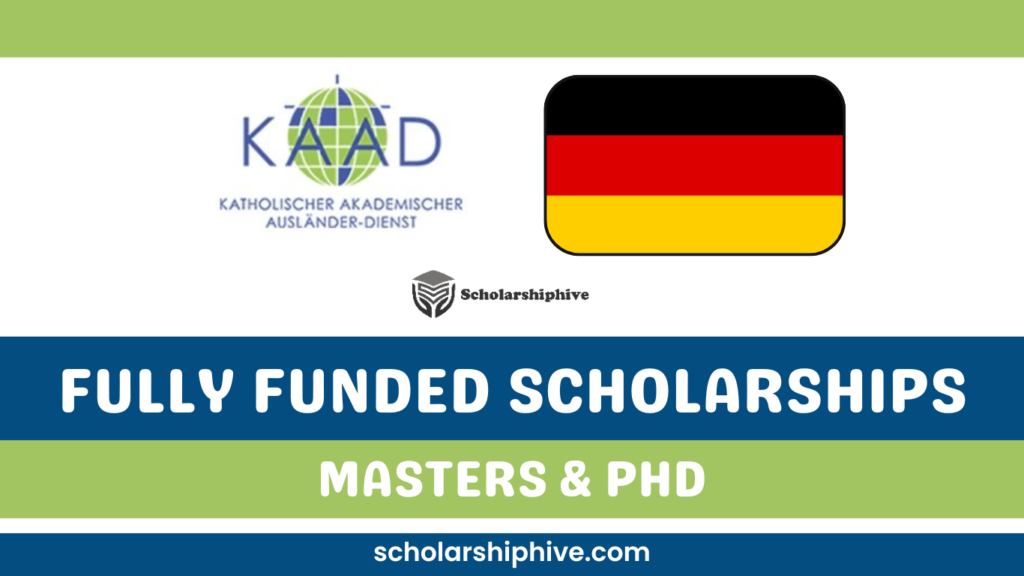 KAAD Scholarships poster showing step-by-step application process for Catholic or Christian Master’s and PhD students from developing countries; offers full funding, mentoring, and spiritual support focused on development, ethics, and humanities.