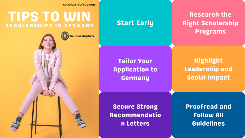 Infographic summarizing key tips for applying to scholarships in Germany for international students