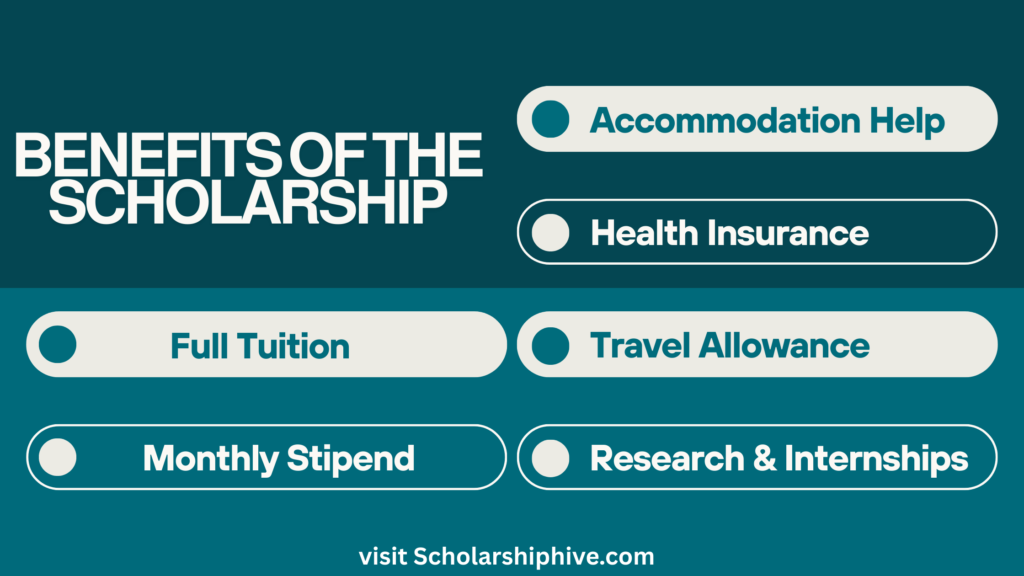 Poster showing benefits of University of Basilicata Fully Funded Scholarship 2025 – tuition waiver, monthly stipend, housing help, health insurance, travel allowance, research opportunities, and cultural exchange.