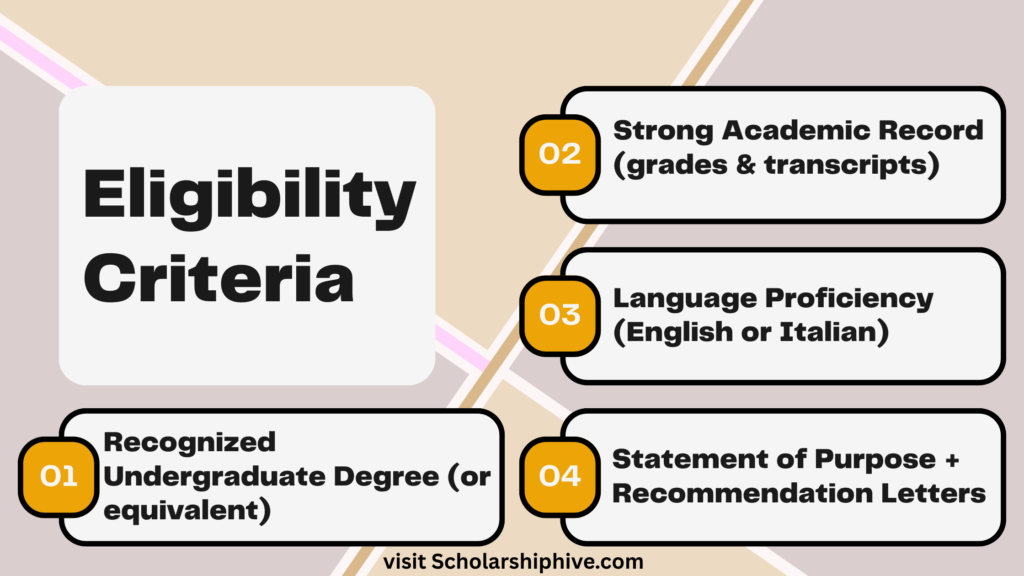 Eligibility criteria for Roma Tre University scholarship 2025 – recognized undergraduate degree, academic excellence, language proficiency, statement of purpose, and recommendation letters for international applicants.