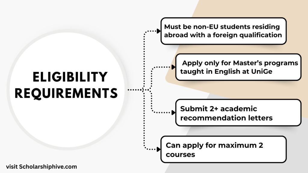 Poster explaining eligibility requirements for University of Genoa Scholarship in Italy for non-EU students applying to English-taught Master’s programs with recommendation letters.