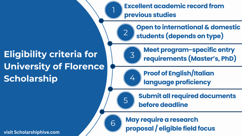 Eligibility criteria for University of Florence fully funded scholarship: academic excellence, international/domestic students, entry requirements, language proof, research proposal, timely documents.
