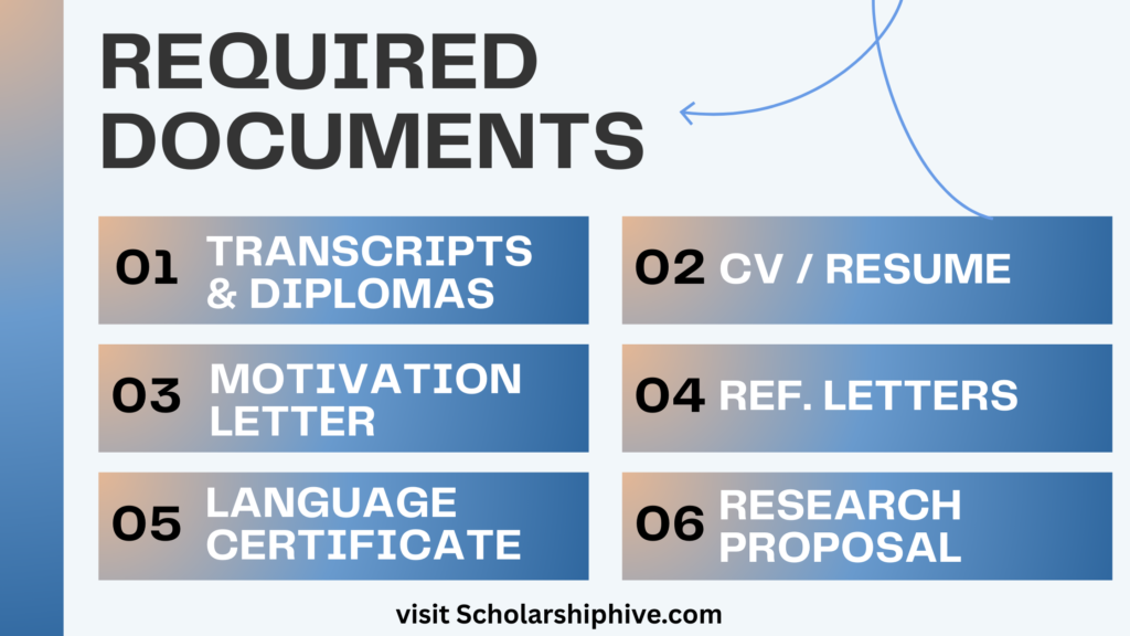 Required documents for Italy scholarship applications – transcripts, CV, motivation letter, recommendation letters, language certificates, and research proposal for PhD applicants.
