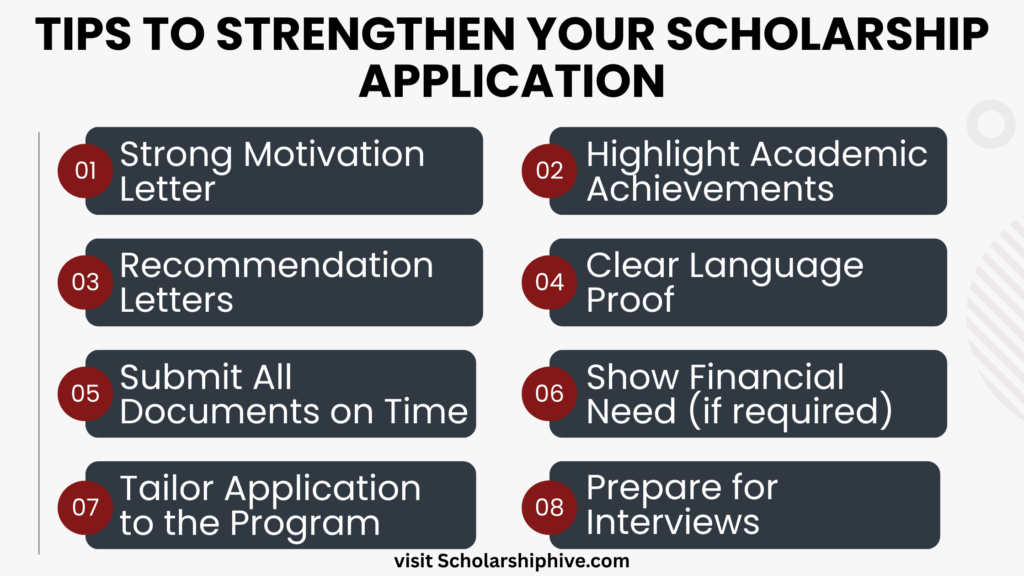 Tips to strengthen Italy scholarship application: motivation letter, achievements, recommendations, language proof.