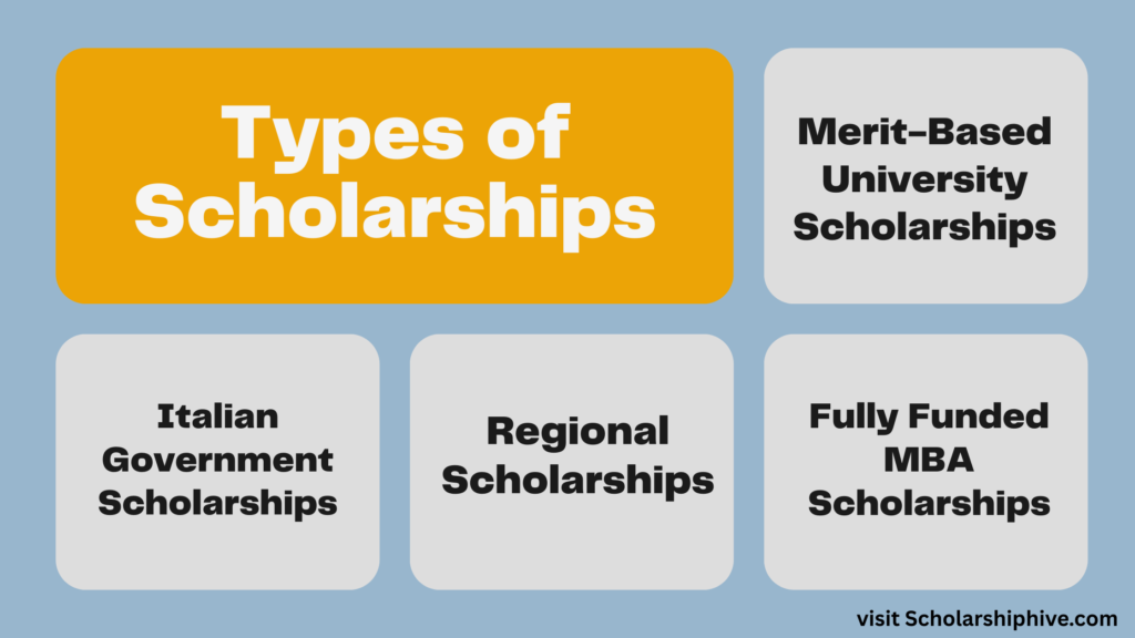 Types of MBA scholarships in Italy 2025, including merit-based university scholarships, Italian government scholarships, regional DSU financial aid, fully funded MBA programs, and corporate-sponsored scholarships.