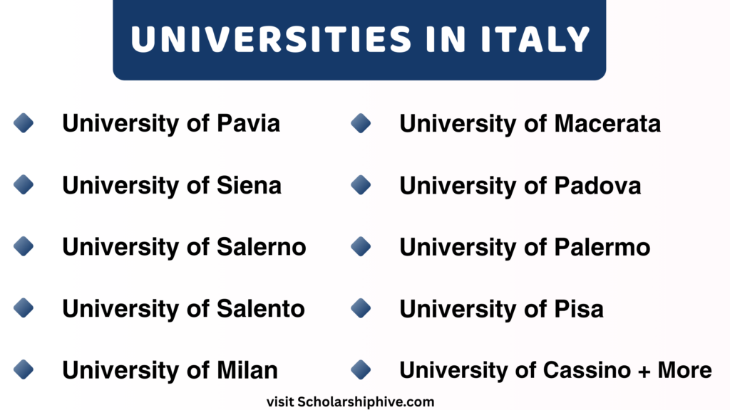 List of top universities in Italy offering master’s scholarships 2025 for international students, including University of Bologna, Sapienza University of Rome, Politecnico di Milano, University of Padova, University of Turin, University of Pisa, and more.