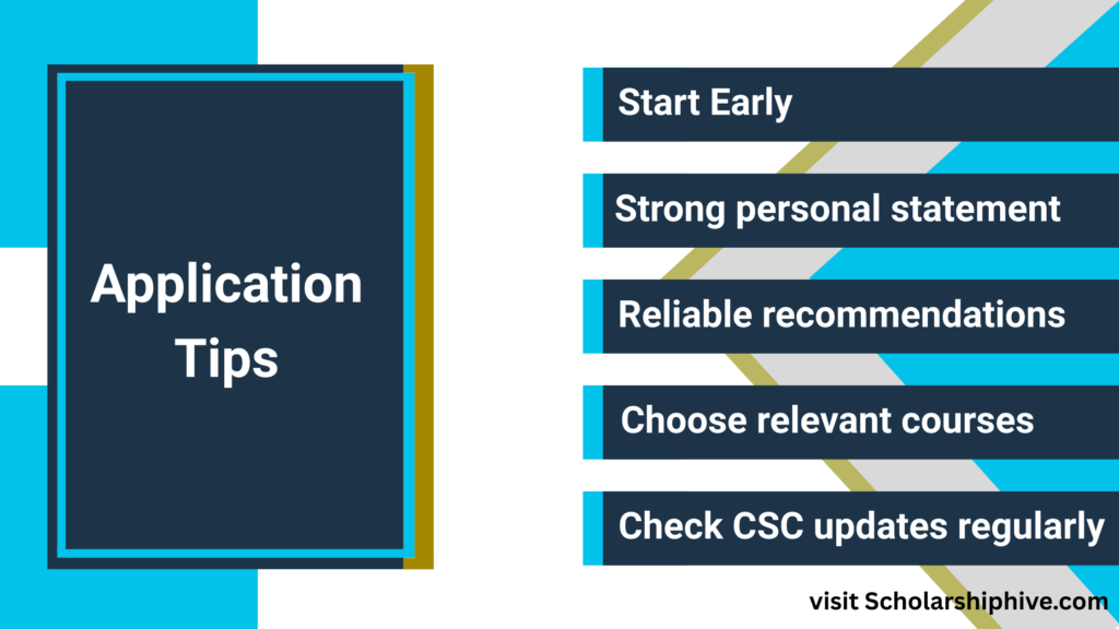 Step-by-step Commonwealth Scholarship application tips poster for international students, highlighting how to start early, write a strong personal statement, secure recommendations, choose relevant programs, and stay updated with Commonwealth Scholarship Commission (CSC) guidelines.
