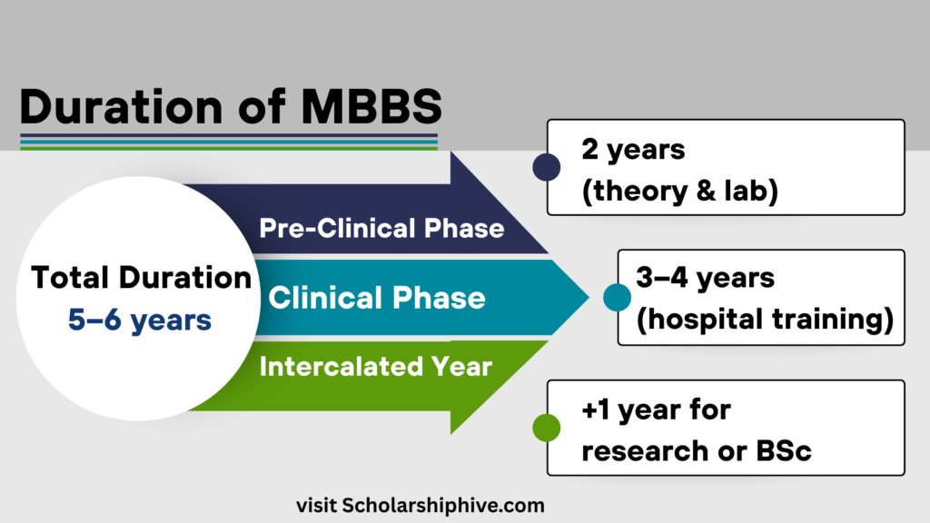 Duration of MBBS in UK poster explaining total course length, pre-clinical study, clinical training years, and optional intercalated year.