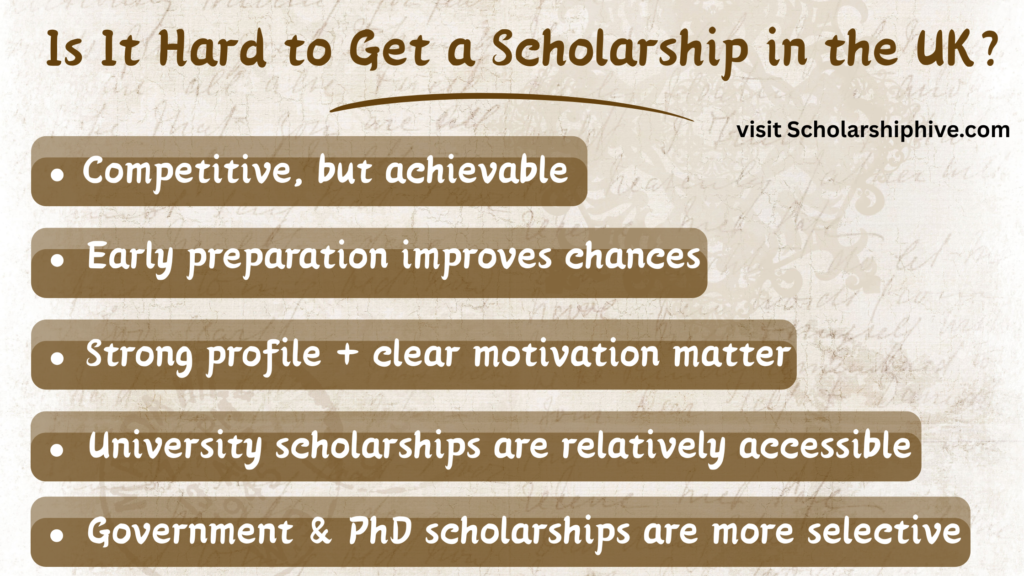 Infographic explaining how competitive it is to get a scholarship in the UK, highlighting that while UK scholarships are competitive, careful preparation, strong documents, motivation, and aligning with eligibility criteria can increase your chances of success. Government and PhD scholarships are more competitive, whereas university grants may be more accessible.
