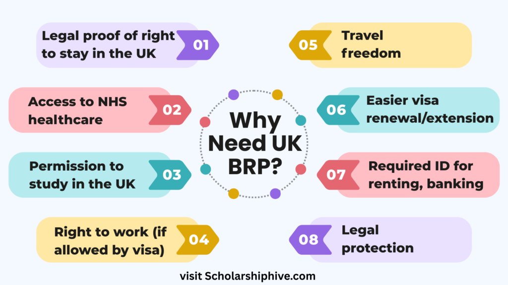 Infographic explaining the importance of a UK Biometric Residence Permit (BRP), highlighting benefits such as legal proof of right to stay for work, study, or family purposes, access to NHS healthcare, eligibility to study at UK universities, ability to work if permitted, freedom to travel in and out of the UK, option to renew or extend stay, requirement for identification for renting or banking, and legal protection under UK immigration law.